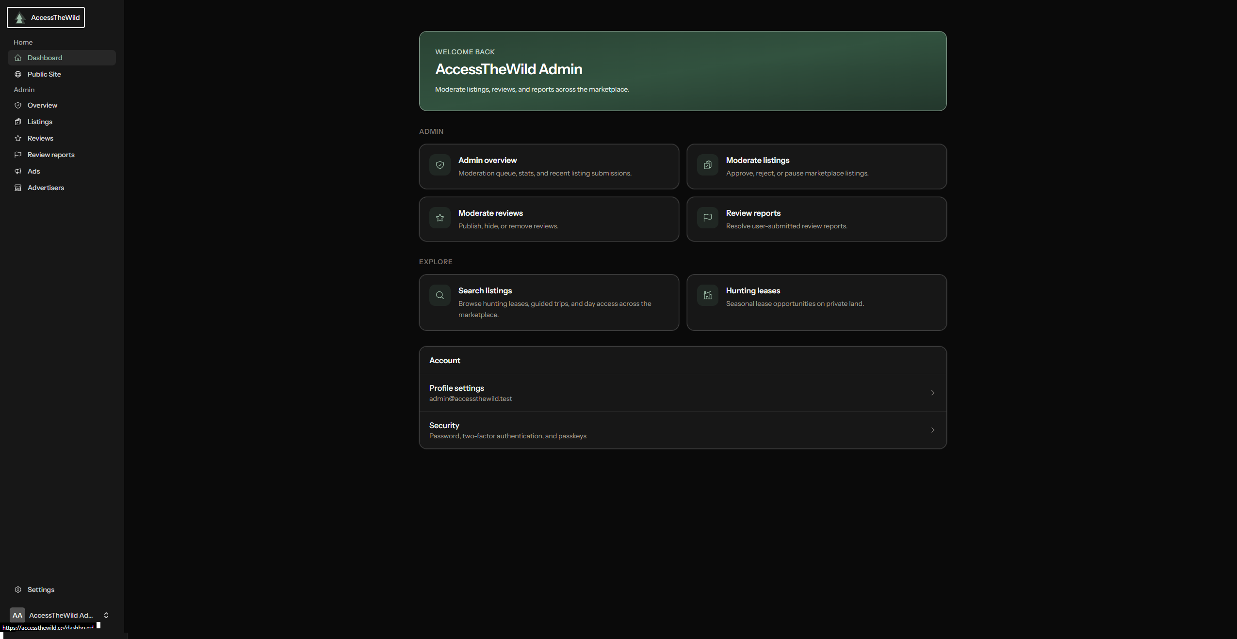 AccessTheWild admin moderation dashboard.