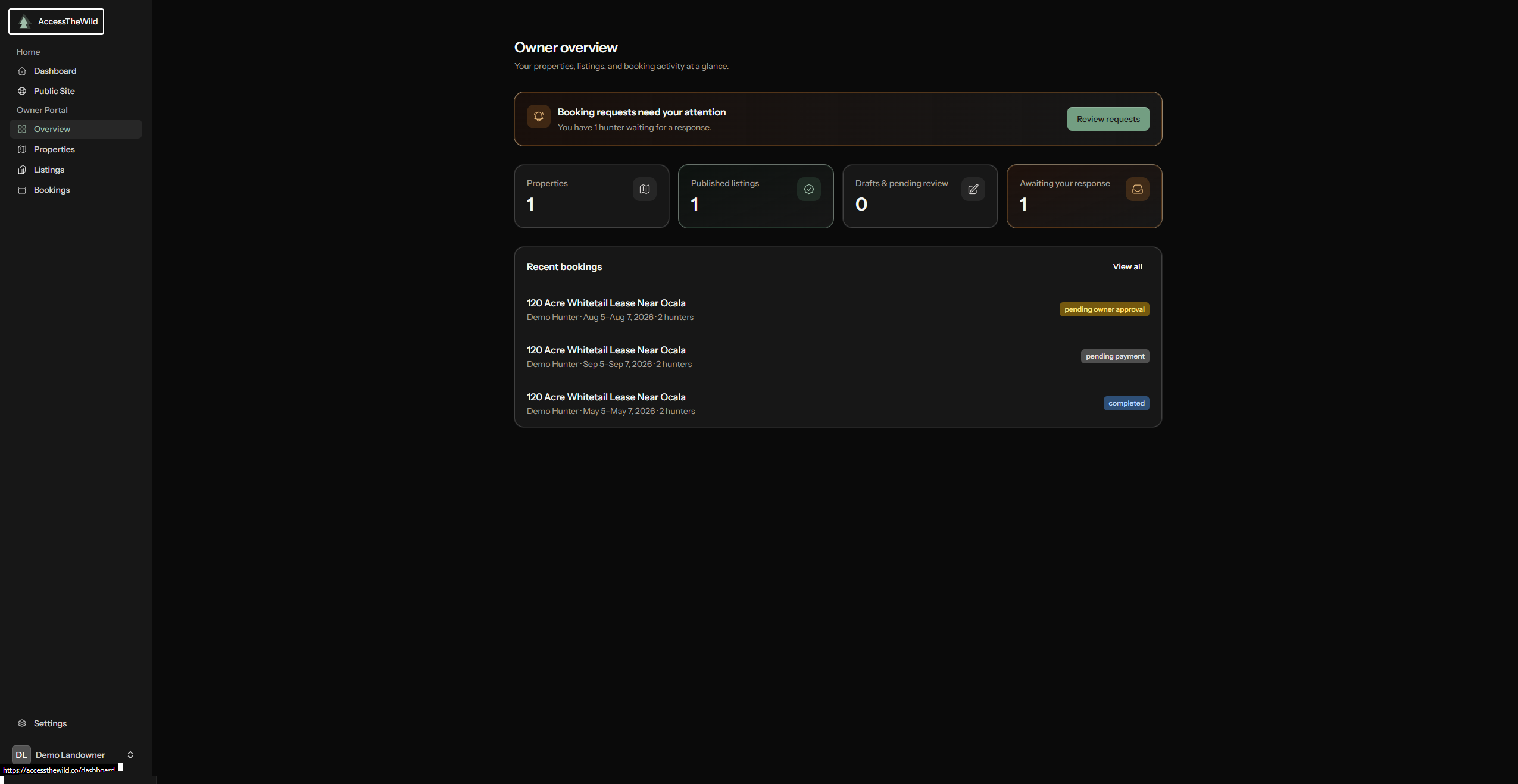 AccessTheWild landowner portal dashboard.