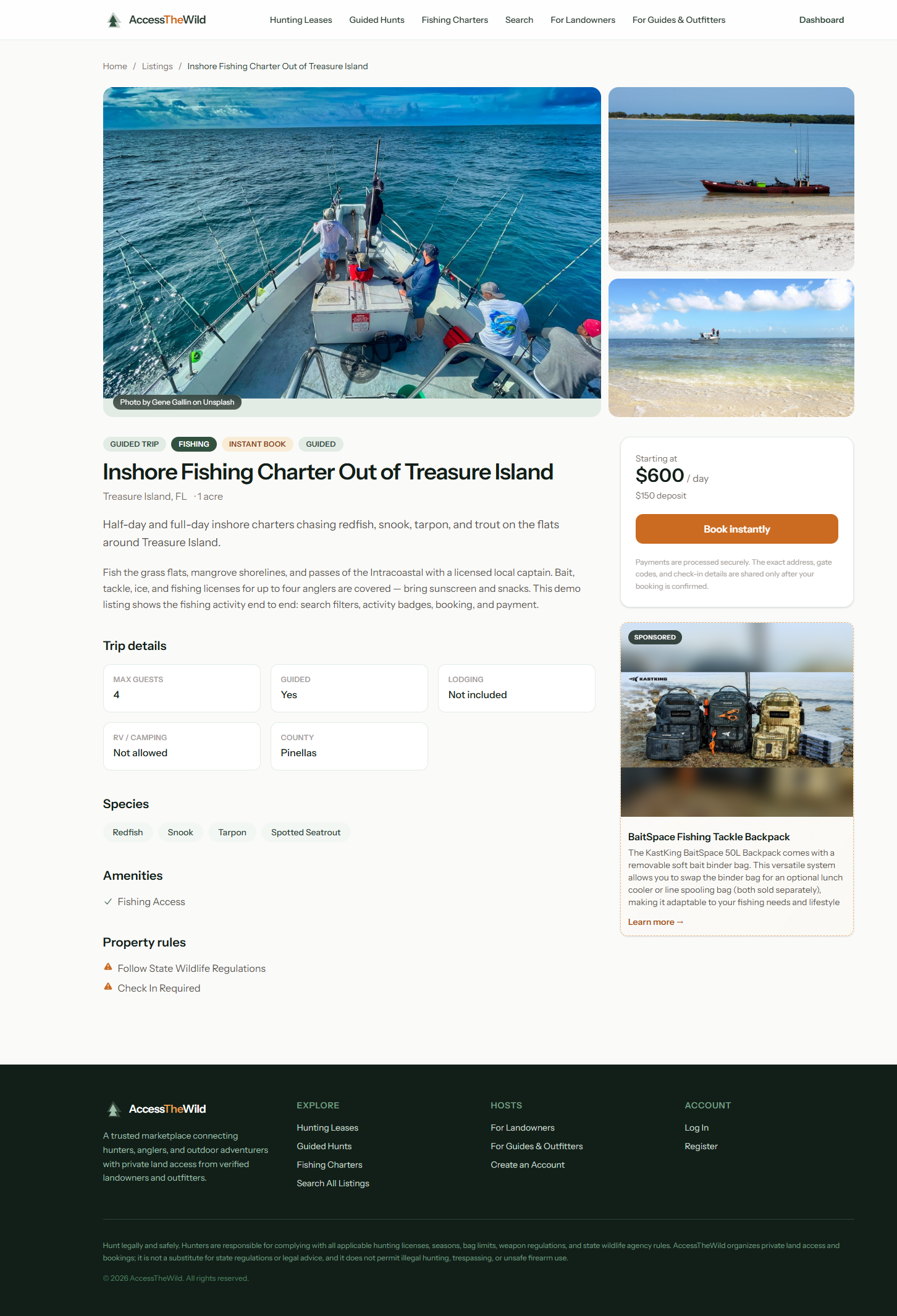 AccessTheWild listing detail page with instant book and deposit pricing.