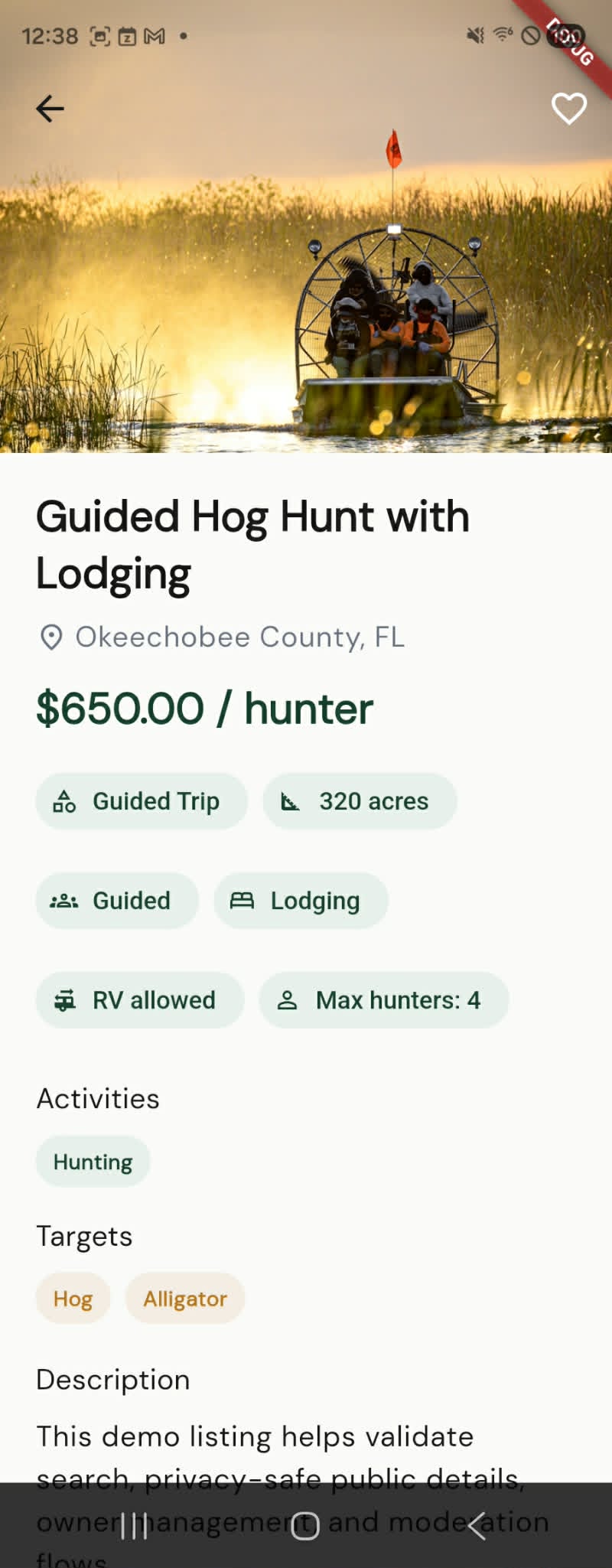 AccessTheWild mobile listing detail screen.