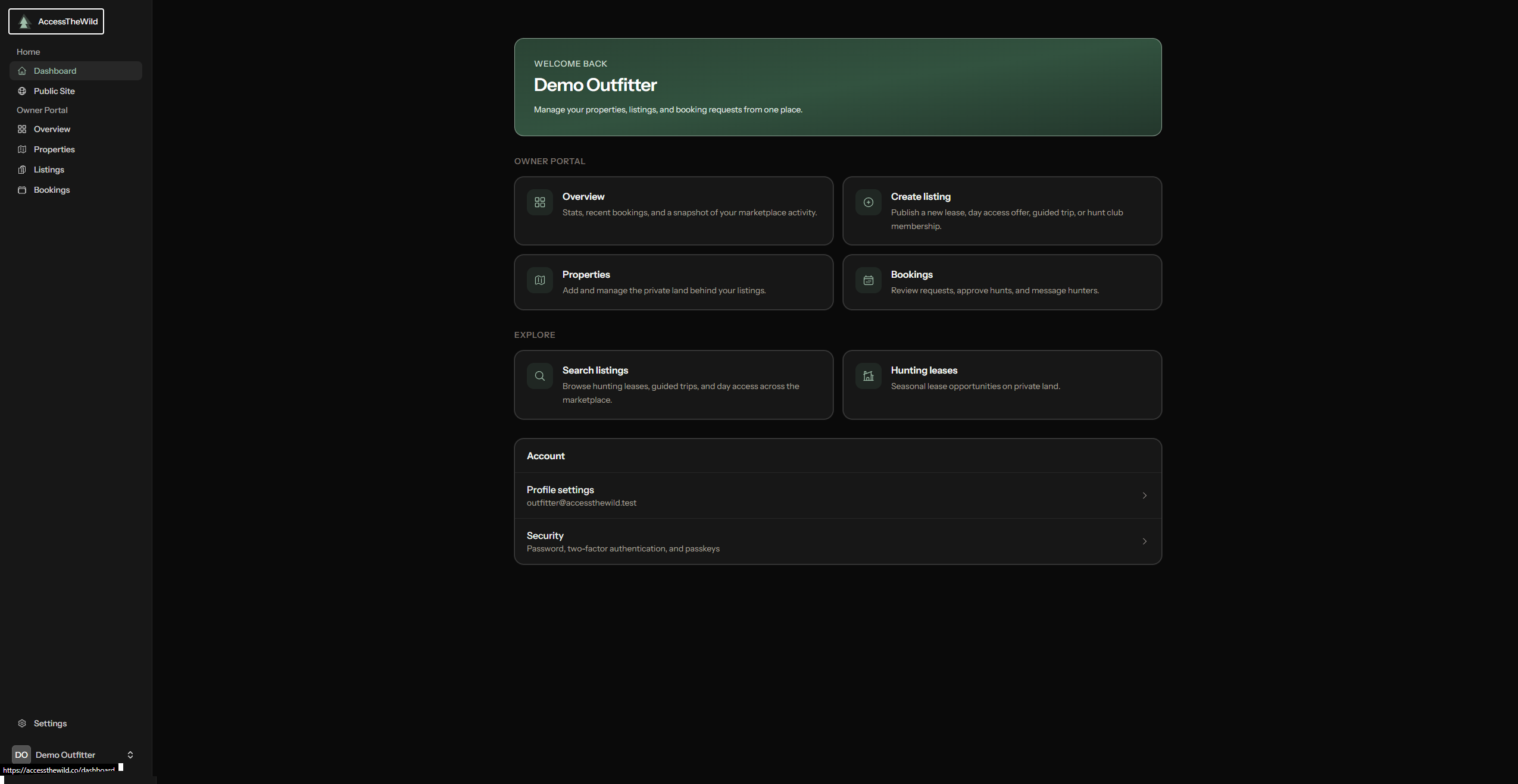 AccessTheWild outfitter portal dashboard.